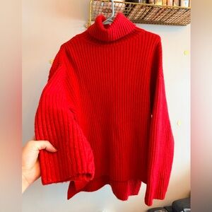 Red Ribbed Turtleneck Sweater Oversized Fit